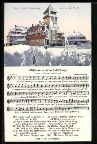 AK Oberwiesenthal, Lied, Willkumme of 'en Fichtelbarg, Text, Neues Fichtelberghaus im Winter