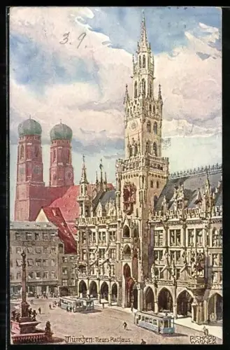 Künstler-AK Richard Wagner: München, Strassenbahnen am neuen Rathaus