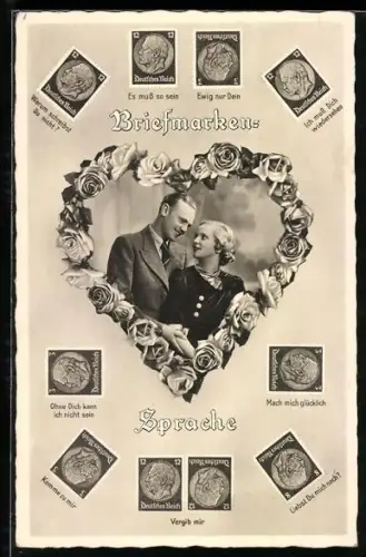 AK Briefmarkensprache, Porträt eines Paares im Herzrahmen, Vergib mir, Liebst du mich noch? und weitere Ausdrücke