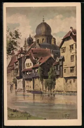 Künstler-AK D. Wiegh: Nürnberg, Insel Schütt, Synagoge, Blick auf die Häuser am Flussufer