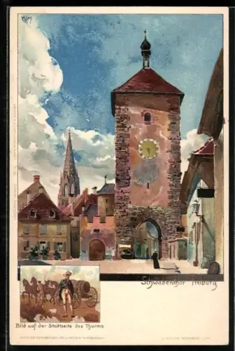 Künstler-Lithographie Heinrich Kley: Freiburg, Schwabentor, Pferdewagen