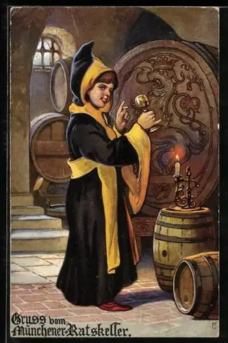 Künstler-AK München, Gasthaus Münchener Ratskeller, Münchner Kindl mit Glas in der Hand