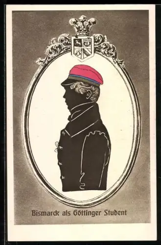 AK Göttingen, Silhouette Bismarck als Göttinger Student mit Korps-Mütze, Wappen
