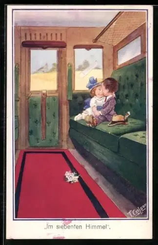 Künstler-AK T. Gilson: Kinder sitzen als Liebespaar in einem Eisenbahnabteil