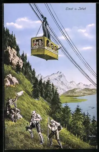 Künstler-AK Eugen Felle: Pfänder, Schwebebahn fährt über Wanderern entlang
