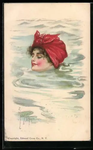 Künstler-AK Pearle Fidler LeMunyan: Schwimmerin mit roter Badekappe