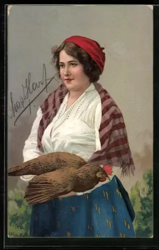Künstler-AK Stengel & Co. Nr.19830: Junge Bäuerin mit Hahn auf der Hand