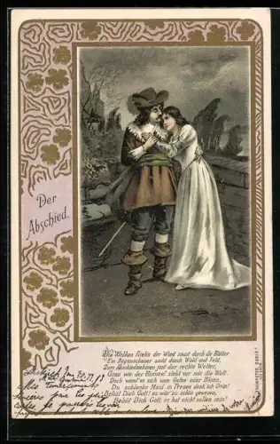 AK Behüt Dich Gott!, Der Abschied, Herr mit Frau im Arm