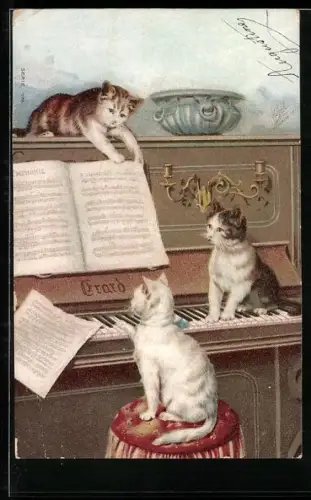 Lithographie Katzen tummeln sich auf dem Klavier