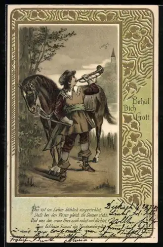 AK Behüt Dich Gott!, Trompeter von Säckingen neben seinem Pferd stehend