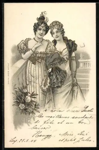 AK Zwei Freundinnen mit Fächern an einer Treppe