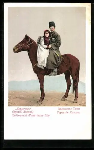 AK Types de Cuacase, Enlèvement d`une jeune fille, Russe mit Mädchen auf Pferd