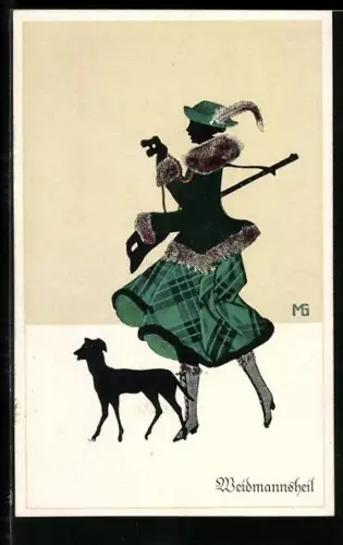 Künstler-AK Marte Graf: Weidmannsheil, Frau im Jäger-Gewand mit Jagdhund