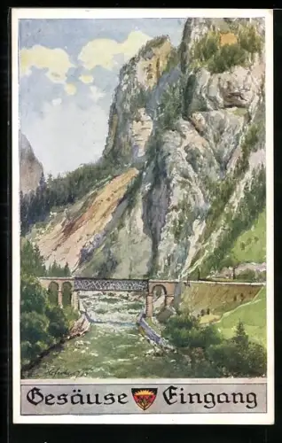 Künstler-AK E.F. Hofecker: Gesäuse, Eingang, Deutscher Schulverein