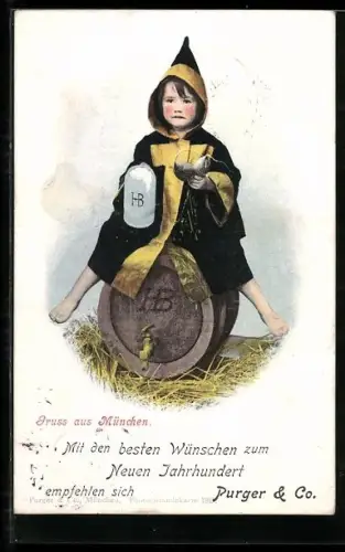 AK Münchner Kindl mit Biergkrug auf dem Fass