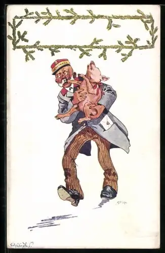 Künstler-AK Fritz Schönpflug: Dienstmann mit Ferkel auf dem Arm
