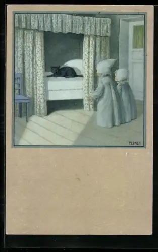 Künstler-AK Pauli Ebner: Kinder entdecken eine schwarze Katze in ihrem Bett