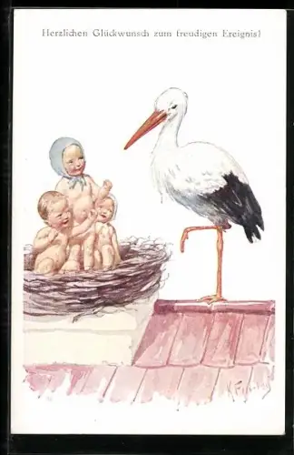 Künstler-AK Karl Feiertag: Storch am Nest mit drei Babies