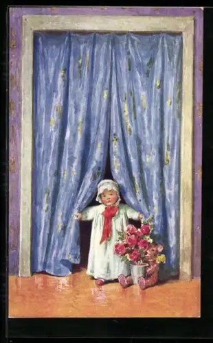 AK Kleinkind neben einem Teddy, der einen Blumentopf hält