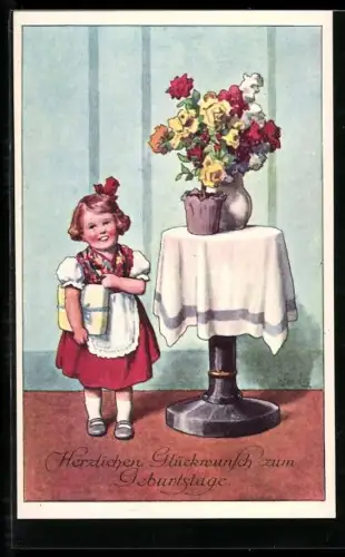 Künstler-AK Brüder Kohn (B.K.W.I) Nr. 491-3: Mädchen mit Geschenk unter dem Arm neben einem Tisch mit Blumen