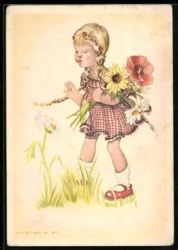 Künstler-AK Hilla Peyk: Mädchen mit Zöpfen und Blumen