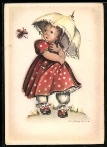 Künstler-AK Hilla Peyk: Kleines Mädchen im Kleid mit Schirm und fliegendem Käfer