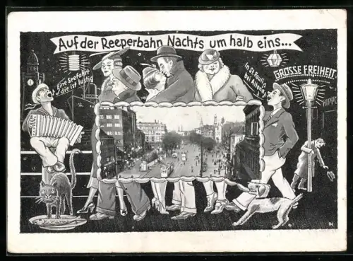 Wirtshaus-AK Hamburg-St. Pauli, Leute spazieren Auf der Reeperbahn Nachts um halb eins, Teilansicht mit Strassenbahn