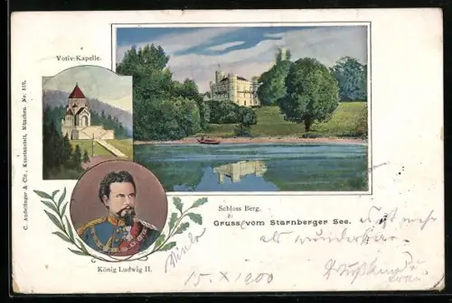 AK Starnberger See mit Schloss Berg und Portrait von König Ludwig II.