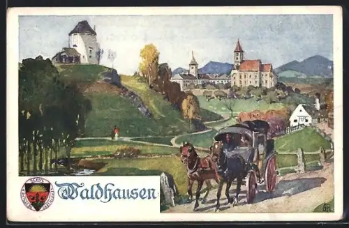 AK Deutscher Schulverein Nr. 284: Waldhausen im Strudengau, Partie mit Kutsche
