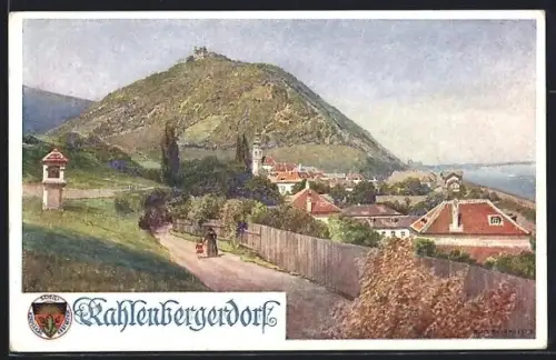 AK Wien, Kahlenbergerdorf, Teilansicht mit Weg und Blick auf Kirche und Berg