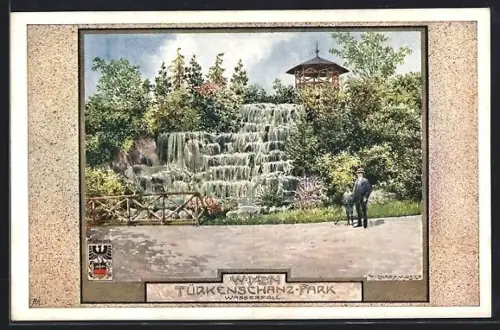 Künstler-AK Richard Moser: Wien, Wasserfall im Türkenschanz-Park, Wappen