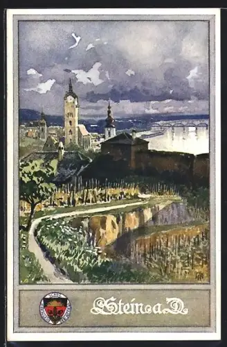 Künstler-AK Stein a. D., Panorama mit Kirche