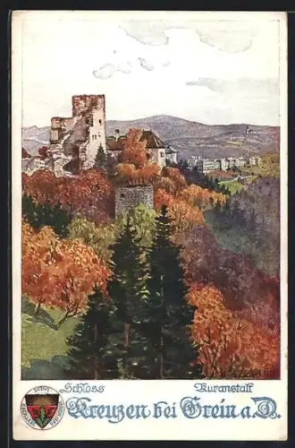 AK Deutscher Schulverein Nr.295: Kreuzen bei Grein, Blick zum Schloss und zur Kuranstalt