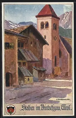Künstler-AK Staben im Vintschgau, Ortsansicht mit Kirche