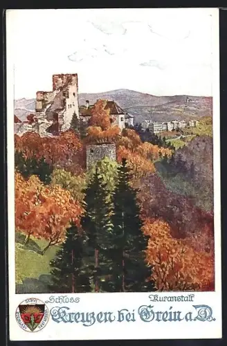 AK Deutscher Schulverein Nr.295: Kreuzen bei Grein, Blick zum Schloss und zur Kuranstalt