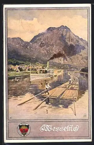 Künstler-AK Wesseln, Panorama mit Flösser, Deutscher Schulverein