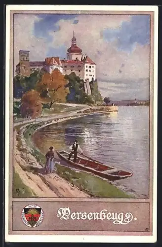 AK Persenbeug, Uferpartie m. Schloss & Ruderer, Deutscher Schulverein