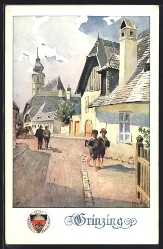 Künstler-AK E.Reckziegel: Grinzing, Ortspartie mit Leuten und Kirche, Deutscher Schulverein