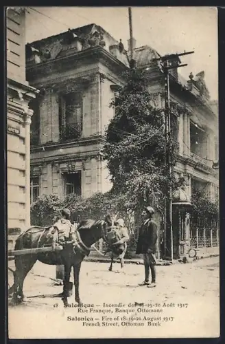 AK Salonique, Rue Franque, Banque Ottomane, Incendie Aout 1917