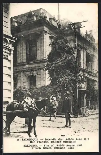 AK Salonique, Rue Franque, Banque Ottomane, Incendie Aout 1917