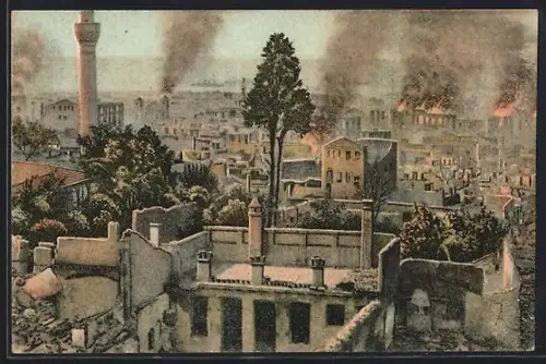 AK Salonique, Ville haute, partie incendiée, Brand