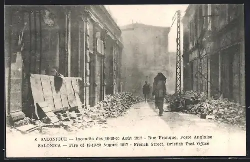 AK Salonique, Incendie des 18-20 Aout 1917, Rue Franque, Poste Anglaise, Brand