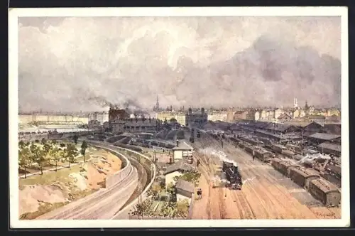 Künstler-AK Franz Kopallik: Wien, Franz-Josefs-Bahnhof aus der Vogelschau