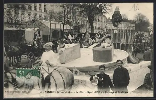 AK Nantes, Carnaval 1914, Le Char Sport d`Eté, Fromage et Confiture, Fasching