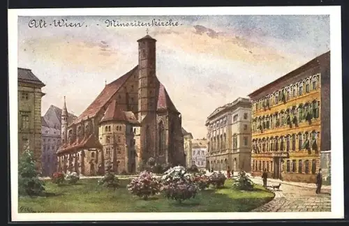 AK Alt-Wien, Minoritenkirche mit Passanten