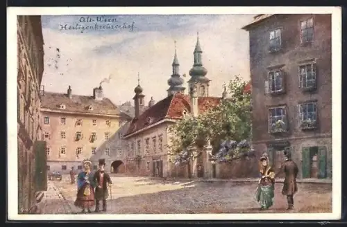 Künstler-AK Alt-Wien, Heiligenkreuzerhof, Kirche und Weinstube