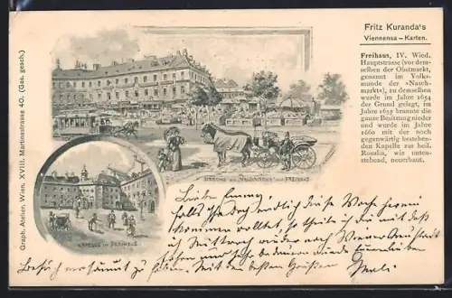 Lithographie Wien, Partie am Naschmarkt, Kapelle im Freihaus