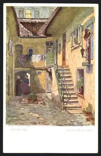 Künstler-AK Alt-Wien, Altwiener Hof mit Anwohnerinnen