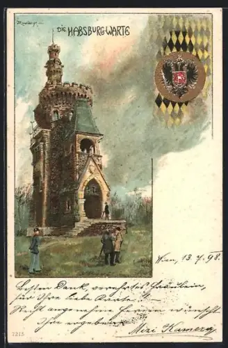 Lithographie Wien, Habsburgwarte auf dem Hermannskogel, Wappen