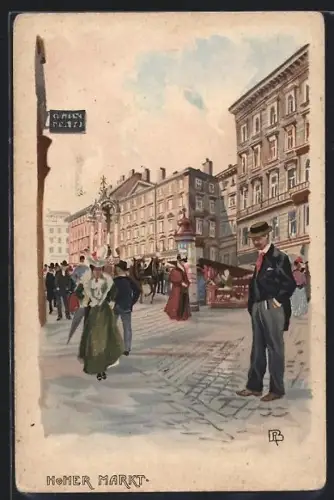 Künstler-AK Wien, Hoher Markt mit Litfasssäule